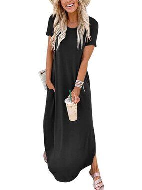 Women's Maxi Dress Black Crew Neck Cap Sleeves A LINE Summer Soft Comfort